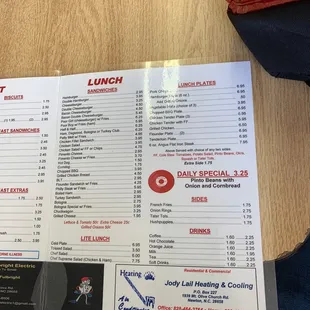 Lunch and drink menu