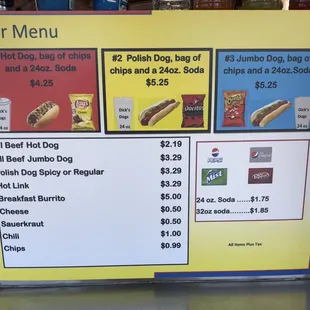 a menu for hot dogs