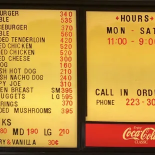 the menu and prices