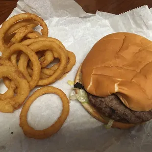 Deluxe burger and onion rings