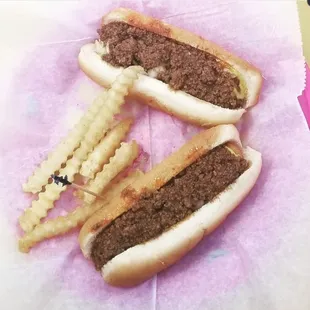 Famous Hotdogs with mustard, onions, chili and a free sample taste of fries