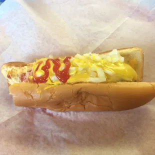 Quarter lb hot dog with cheese, mustard, and onions.