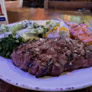 12oz Sirloin Dinner with Add on Shrimp skewer.