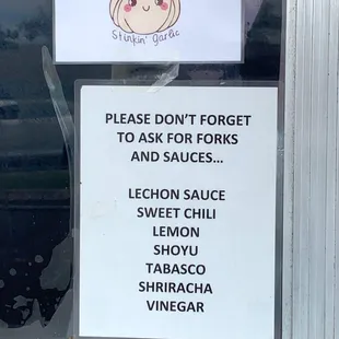Friendly reminder if you want utensils and sauces