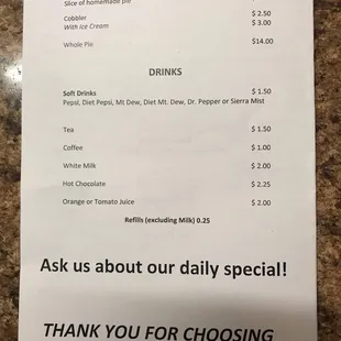a price list for desserts