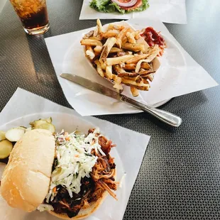 Pulled pork sandwich, fries, and pineapple burger.