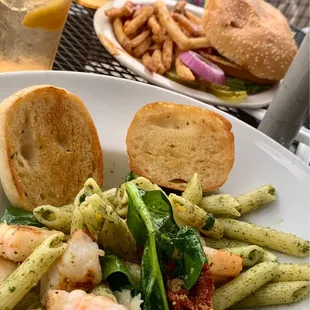 Pesto Shrimp spinach Pasta and Dick&apos;s Burgeryummy