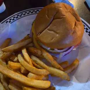 Classic burger with fries.