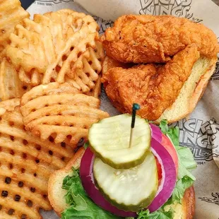 DWG's yummy fried chicken sandwich. Served on a delicious toasted brioche bun with all of the toppings!