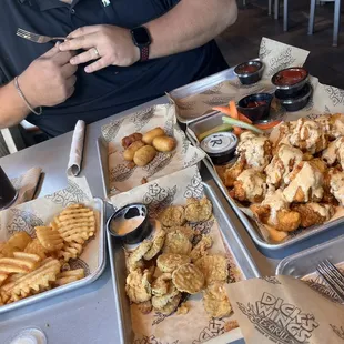 Cajun Ranch Boneless Wings, Fried Pickles, Corn Dogs and Waffle Fries