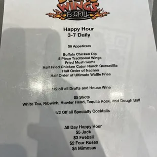Happy hour menu