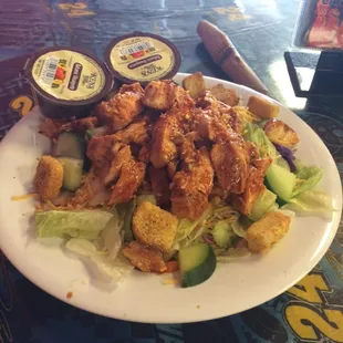 Grilled buffalo chicken salad with Georgia girl and great balls of fire mixed sauce...omg good!
