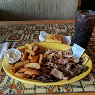 Pulled pork, chicken and brisket with shaggy snacks as the side