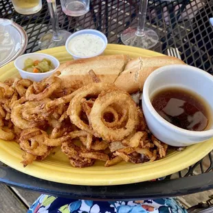 Chicago brisket sandwich with onion rings