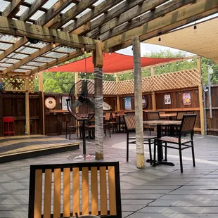 a patio with tables and chairs