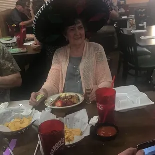 The hat, desert and tequila shot they brought Gayle for her birthday.