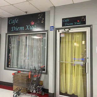 a shopping cart in front of a store