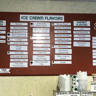 a menu for ice cream flavors
