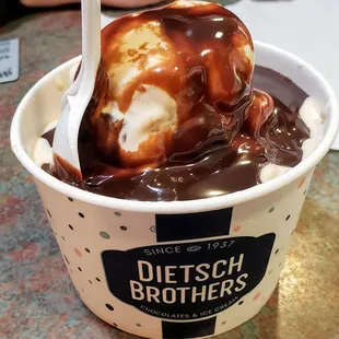 One Scoop Cinnamon and One Scoop Banana with Hot Fudge at Dietsch Brothers West Main Cross