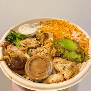 Charred chicken, rice, broccoli, avocado &amp; Jasper Hill Mac &amp; Cheese with garlic aioli &amp; balsamic