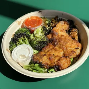 Crispy Chicken, Chili Roasted Brussels Side, broccoli
