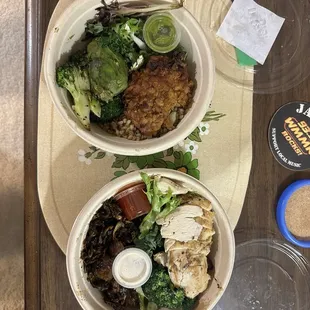 Fried Chicken and broccoli bowl and chicken and mushroom bowl