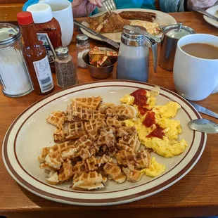 Manzanita waffle with bacon and scrambled eggs