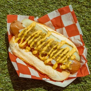 a hot dog with mustard and ketchup