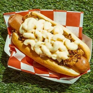 a hot dog covered in cheese