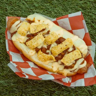 a hot dog with cheese and onions