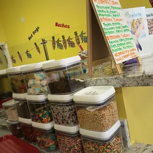 a counter with a variety of containers