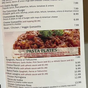 Burgers &amp; Quesadillas Pasta Plates Kids Menu  Deserts  Beverages