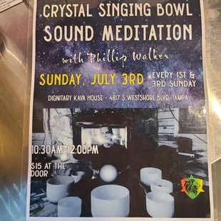 Crystal singing bowl on Sundays, every 1st and 3rd Sunday. @1030 am to 12:00 pm