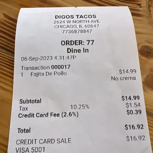 a receipt for the order