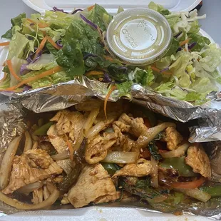 2/25/22 (tue): Lunch Special Pad Kee Mao w/ chicken, no rice extra salad. But where is the noodle in this pad kee mao?!