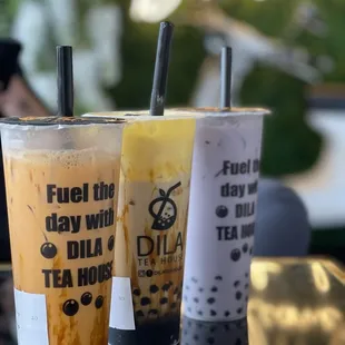 Thai tea with brown sugar, Dila Milk Tea, and Taro milk tea with Boba