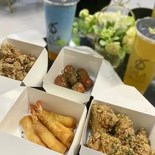 Popcorn Chicken, Longanisa, Garlic Wings and Shrimp Eggrolls.