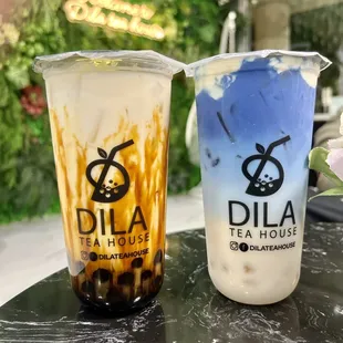 Tiger brown sugar milk tea on the left &amp; the right I totally forgot the name of the drink but that one was GOOD !