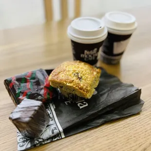 Our haul: their dark chocolate mocha (small), egg nog latte (small), blueberry corn muffin, and some chocolate treats!