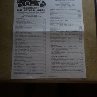 Dillingers menu