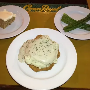 Country Fried Steak with asparagus and desert