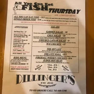Thursday All you can eat Fish Menu