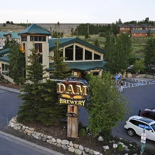 Exterior of the large Dillon Dam Brewery. Free on site parking.