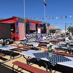 picnic tables with american flags