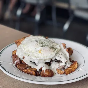 Chicken fried steak and eggs breakfast