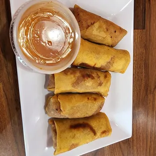 Homemade egg rolls. Menu says it comes with peanut sauce but it&apos;s sweet n sour. Very tasty