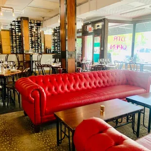 red couches and tables