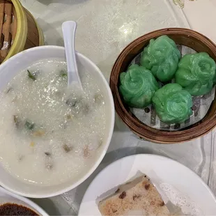 preserved pork and egg congee, spinach shrimp dumpling