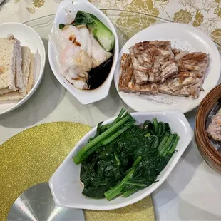 pork floss egg sandwich, crepes, shumai, chinese broccoli, taro cake