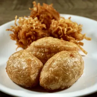Crispy sticky rice with chicken  Shrimp balls